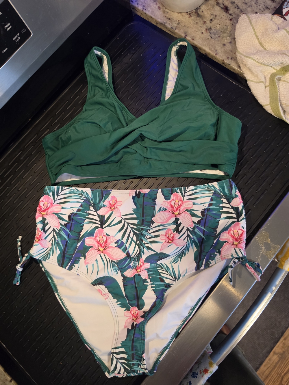 Green Crossover Bikini Top with Pink Floral High-Waist Bottom